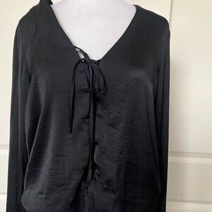 Forever 21 Black Satin Puffy Long Sleeve Front Tie Blouse Shirt Size Medium